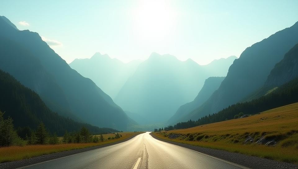 Beautiful panoramic photo of a winding road through Swiss mountains and valleys, representing travel in Switzerland