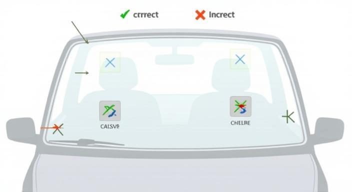 Diagram illustrating correct and incorrect placement of a physical Swiss vignette on a car windscreen