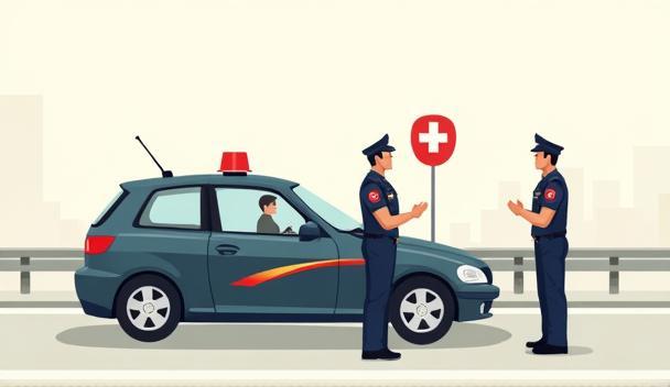 Illustration depicting a Swiss police officer interacting with a driver, symbolizing traffic law enforcement